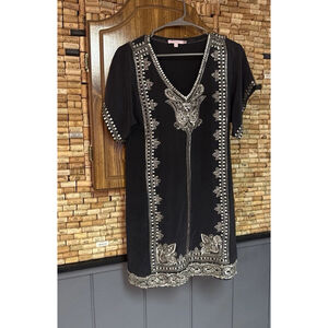 Calypso St Bart Grey V Silver Beaded 100% Silk Tunic Dress Short Sleeve Sz XS